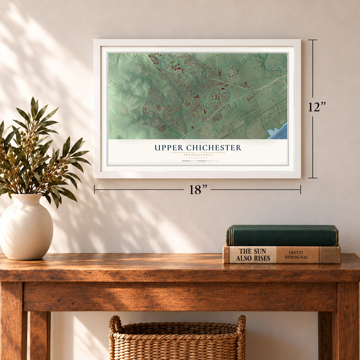 Upper Chichester, Pennsylvania map, 12 x 18 inch print in a white frame in an entryway