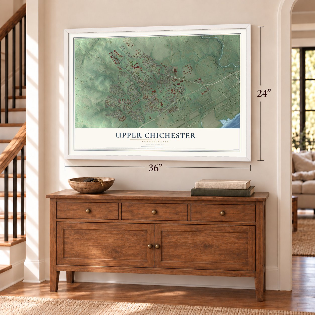 Upper Chichester, Pennsylvania map, 24 x 36 inch print in a white frame above a dresser by a staircase