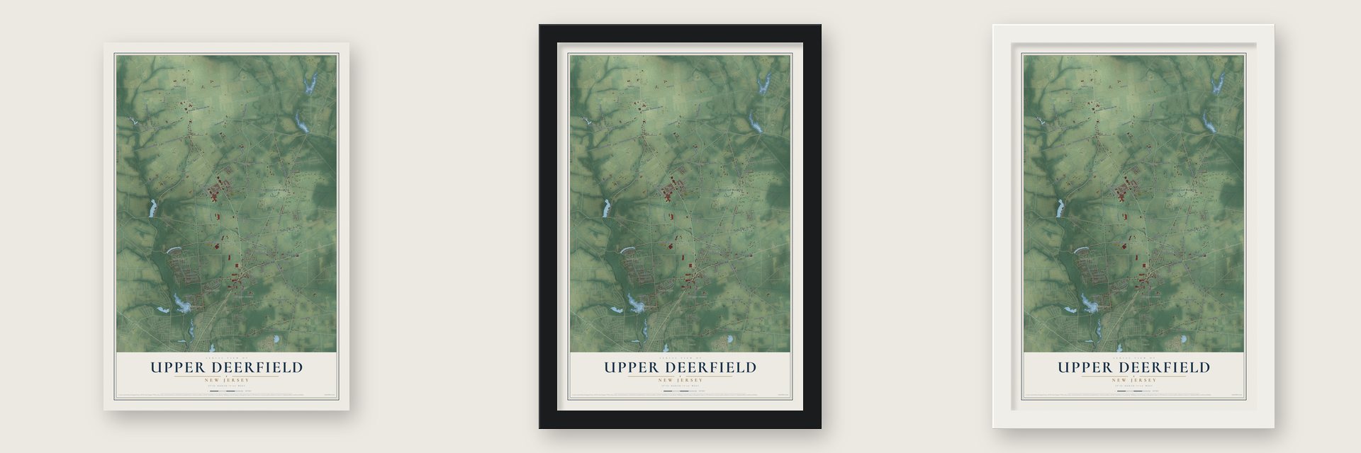 Upper Deerfield, New Jersey map unframed, in a black wood frame and in a white wood frame