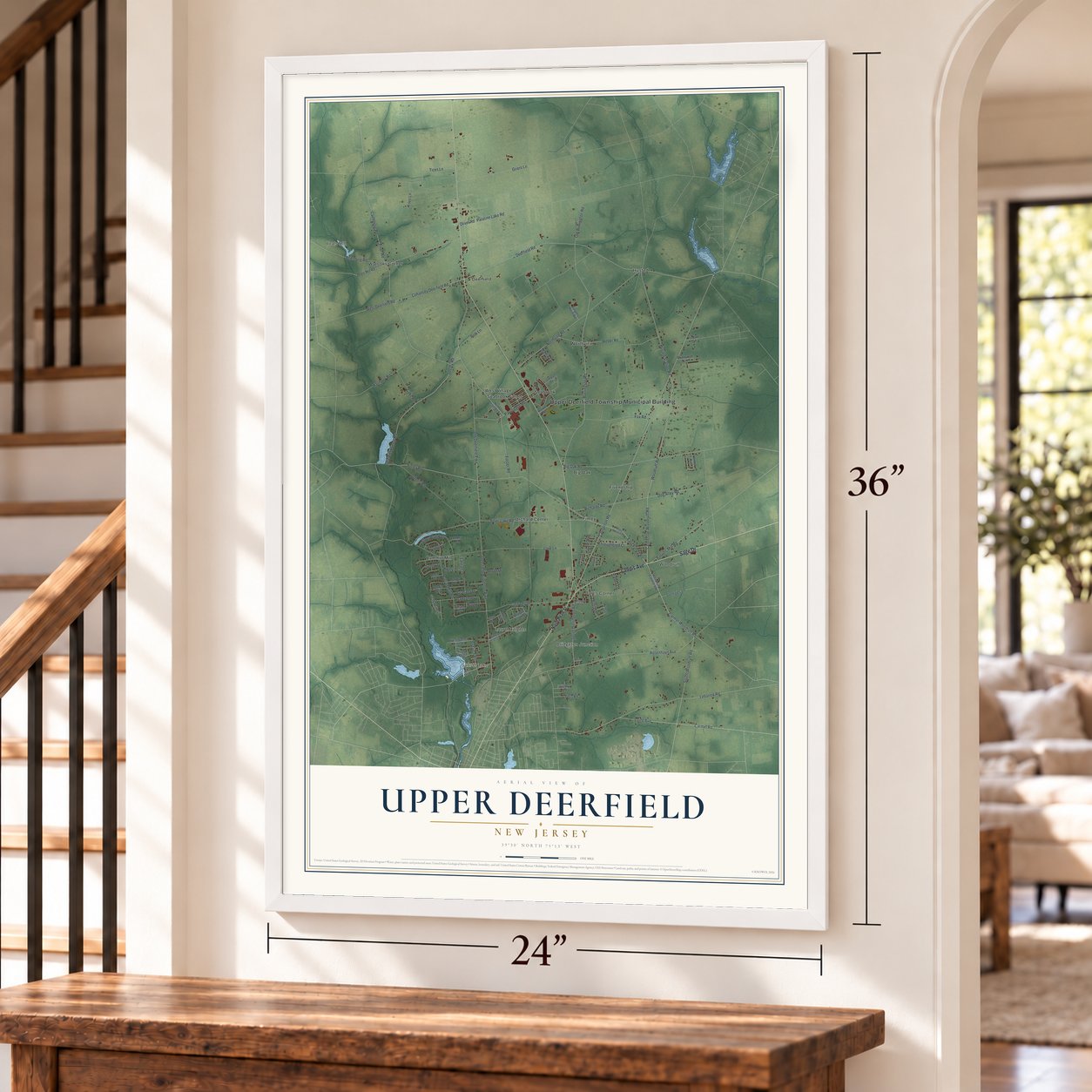 Upper Deerfield, New Jersey map, 24 x 36 inch print in a white frame by a staircase