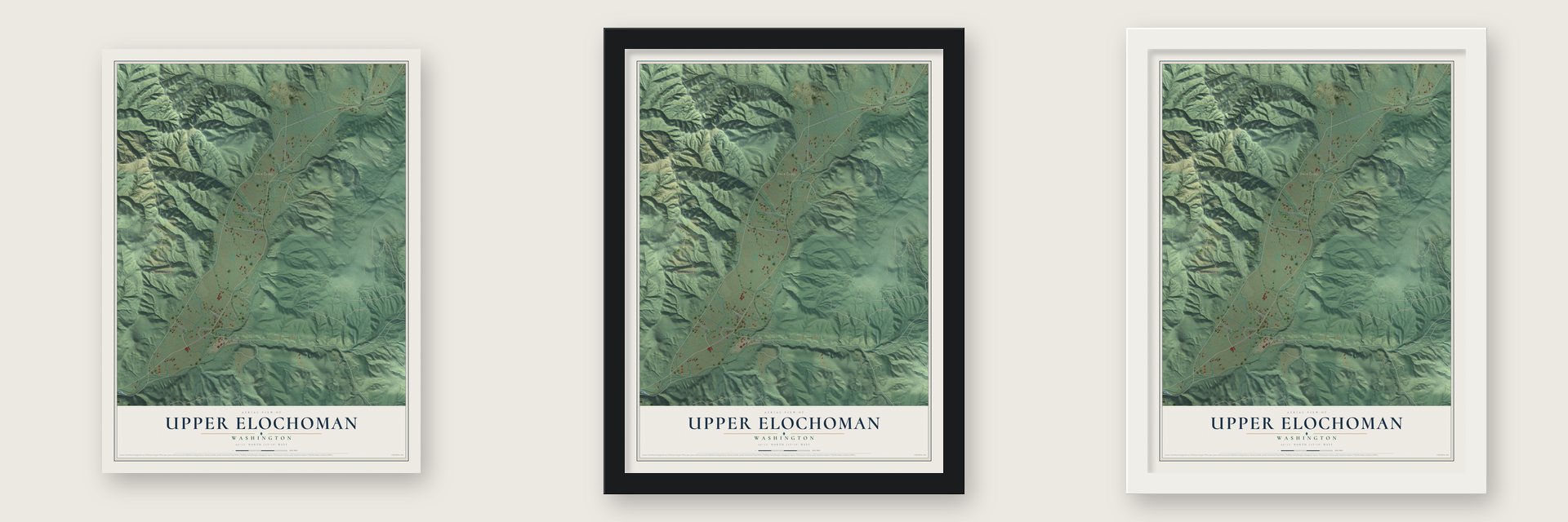 Upper Elochoman, Washington map unframed, in a black wood frame and in a white wood frame