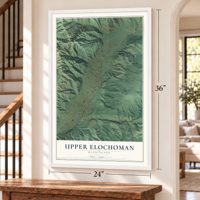 Upper Elochoman, Washington map, 24 x 36 inch print in a white frame by a staircase