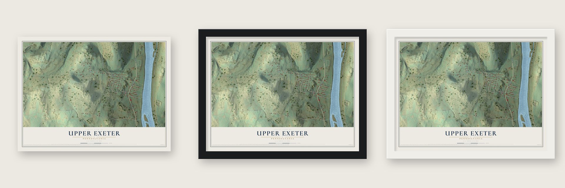 Upper Exeter, Pennsylvania map unframed, in a black wood frame and in a white wood frame