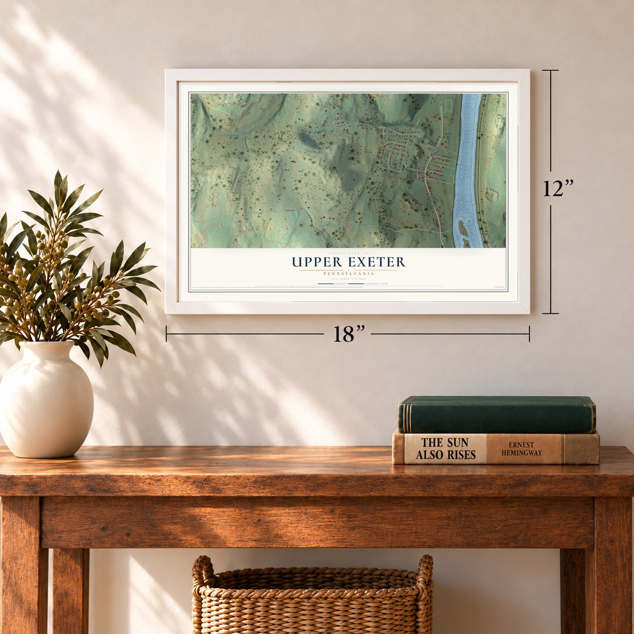 Upper Exeter, Pennsylvania map, 12 x 18 inch print in a white frame in an entryway