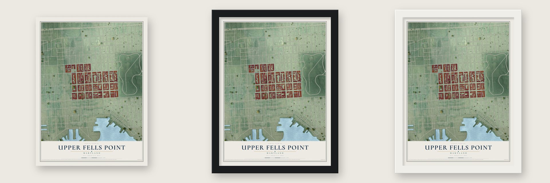 Upper Fells Point, Baltimore, Maryland map unframed, in a black wood frame and in a white wood frame