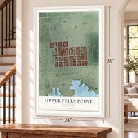 Upper Fells Point, Baltimore, Maryland map, 24 x 36 inch print in a white frame by a staircase