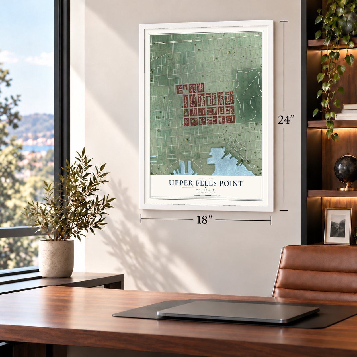 Upper Fells Point, Baltimore, Maryland map, 18 x 24 inch print in a white frame in a home office