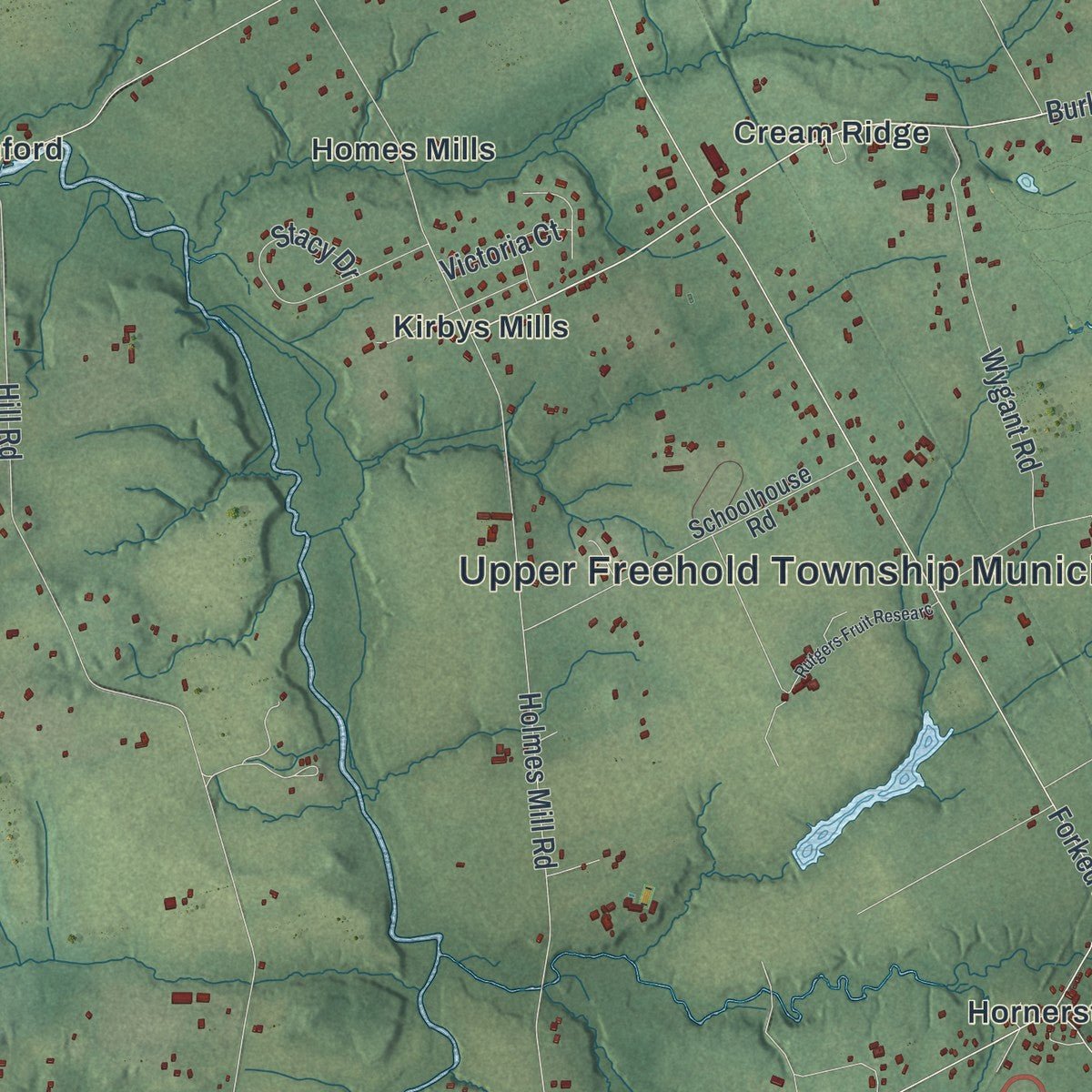 Second close-up of the map of Upper Freehold, New Jersey print showing more streets and buildings