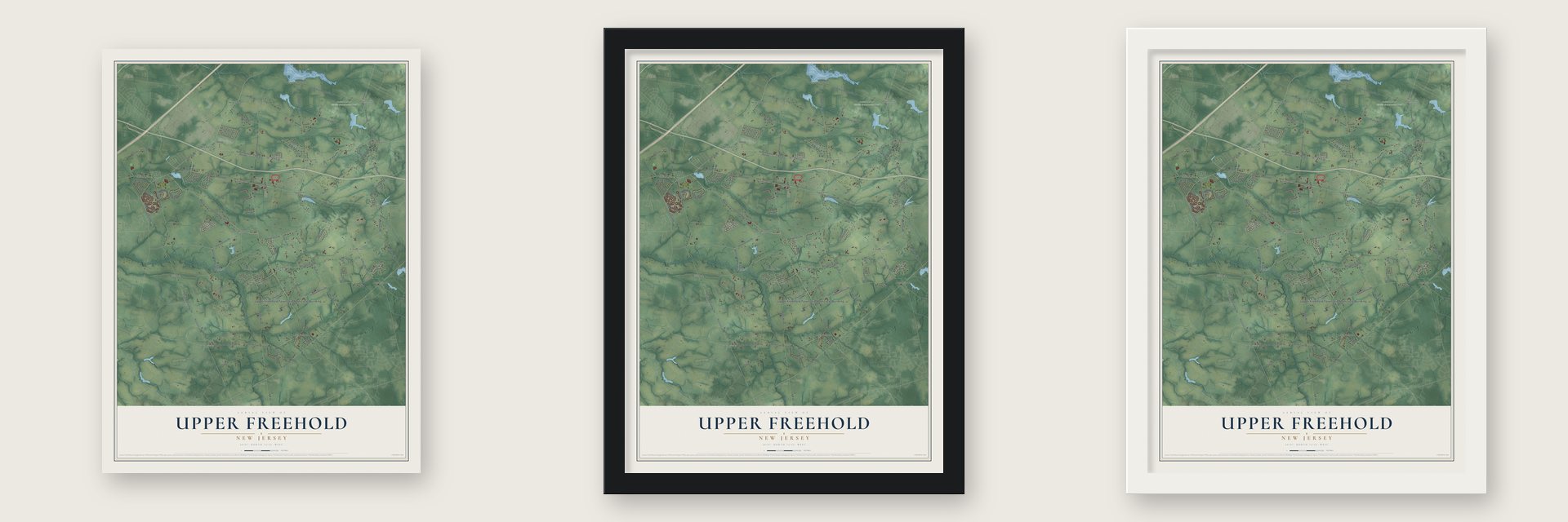 Upper Freehold, New Jersey map unframed, in a black wood frame and in a white wood frame