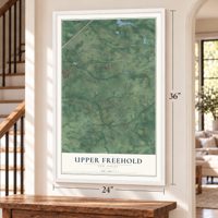 Upper Freehold, New Jersey map, 24 x 36 inch print in a white frame by a staircase
