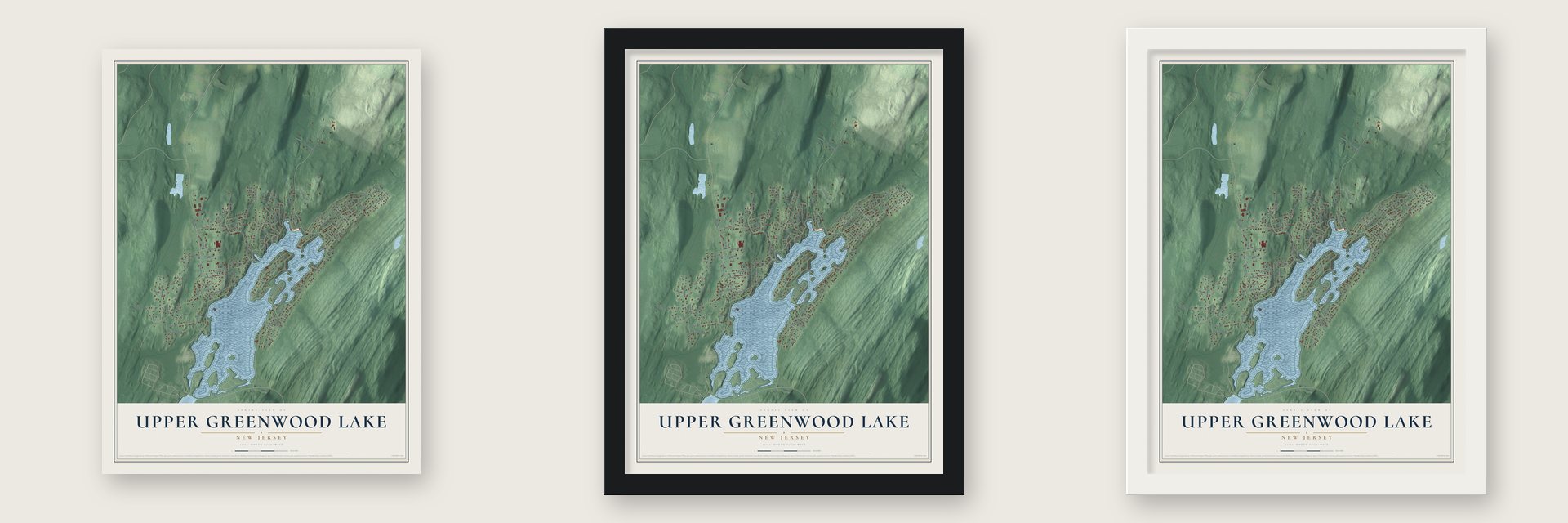 Upper Greenwood Lake, New Jersey map unframed, in a black wood frame and in a white wood frame