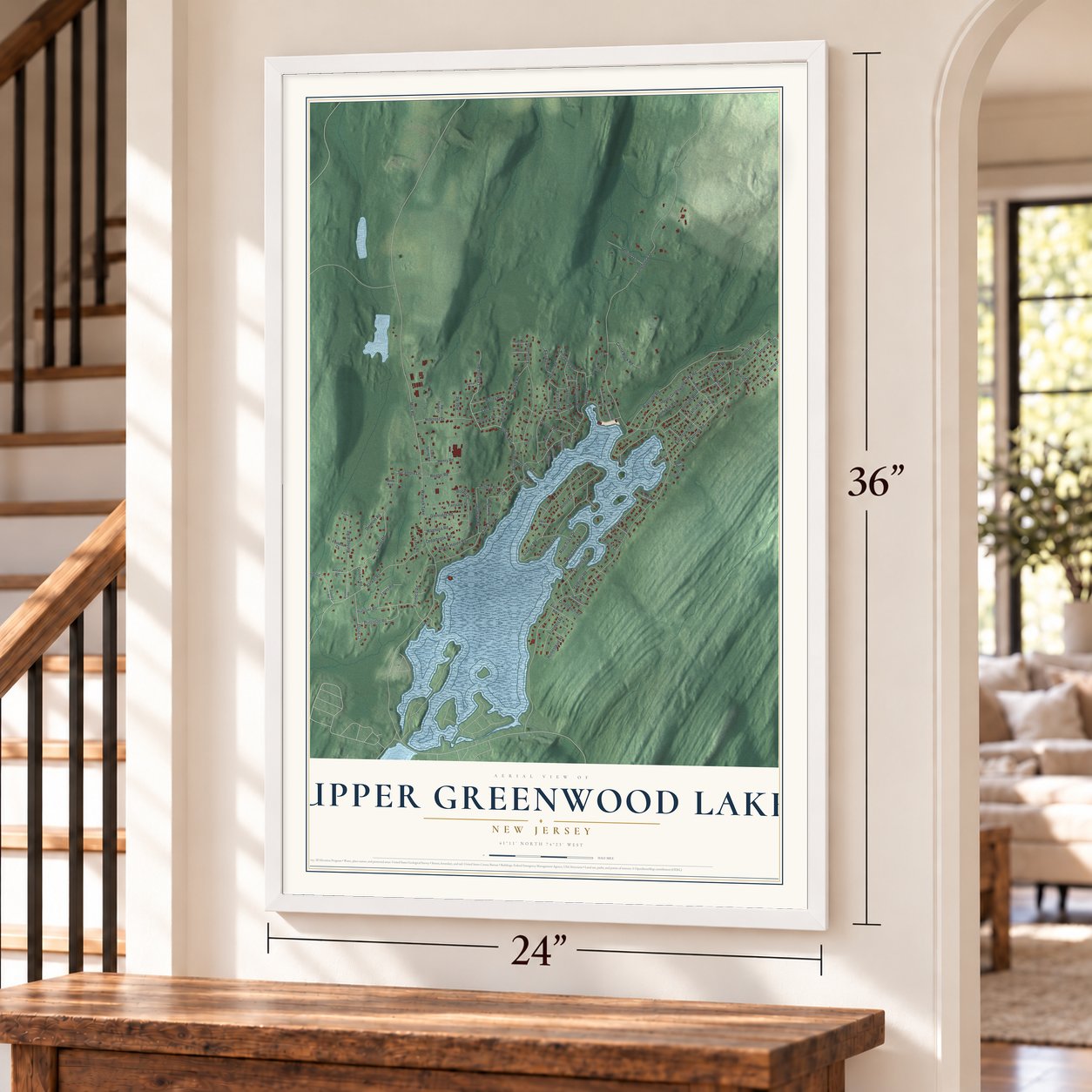 Upper Greenwood Lake, New Jersey map, 24 x 36 inch print in a white frame by a staircase