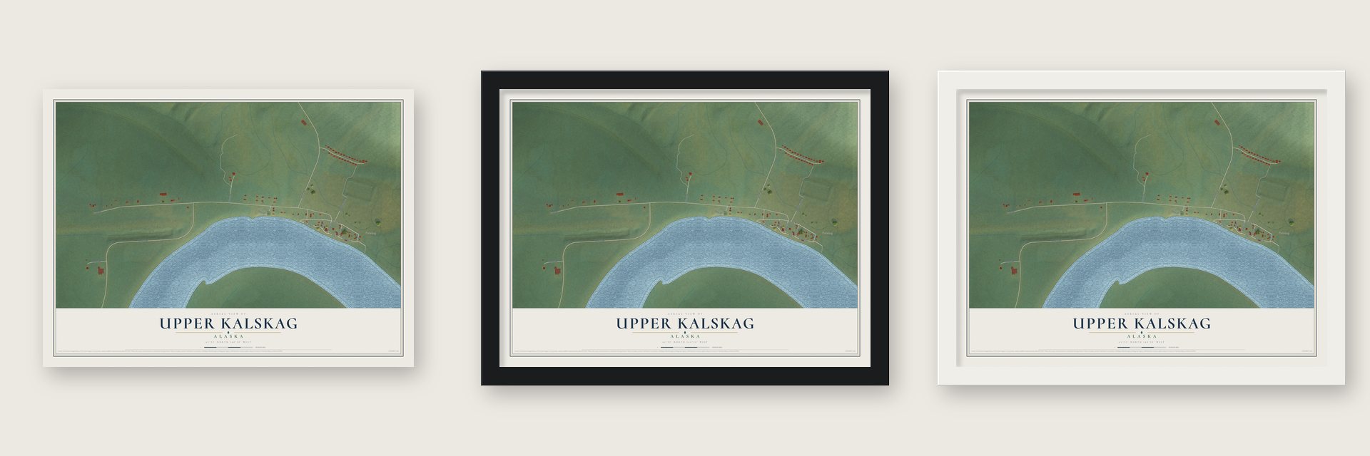 Upper Kalskag, Alaska map unframed, in a black wood frame and in a white wood frame