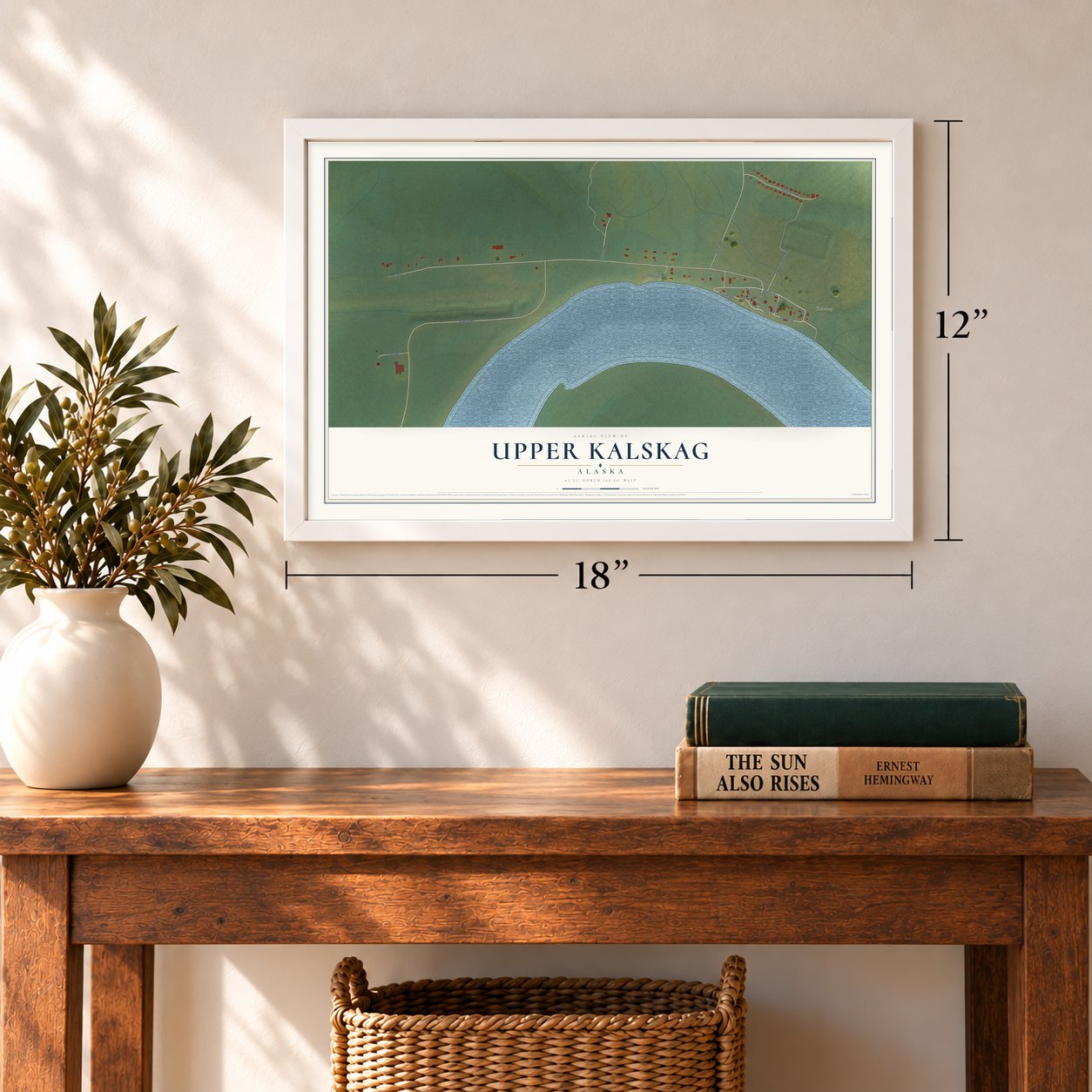 Upper Kalskag, Alaska map, 12 x 18 inch print in a white frame in an entryway