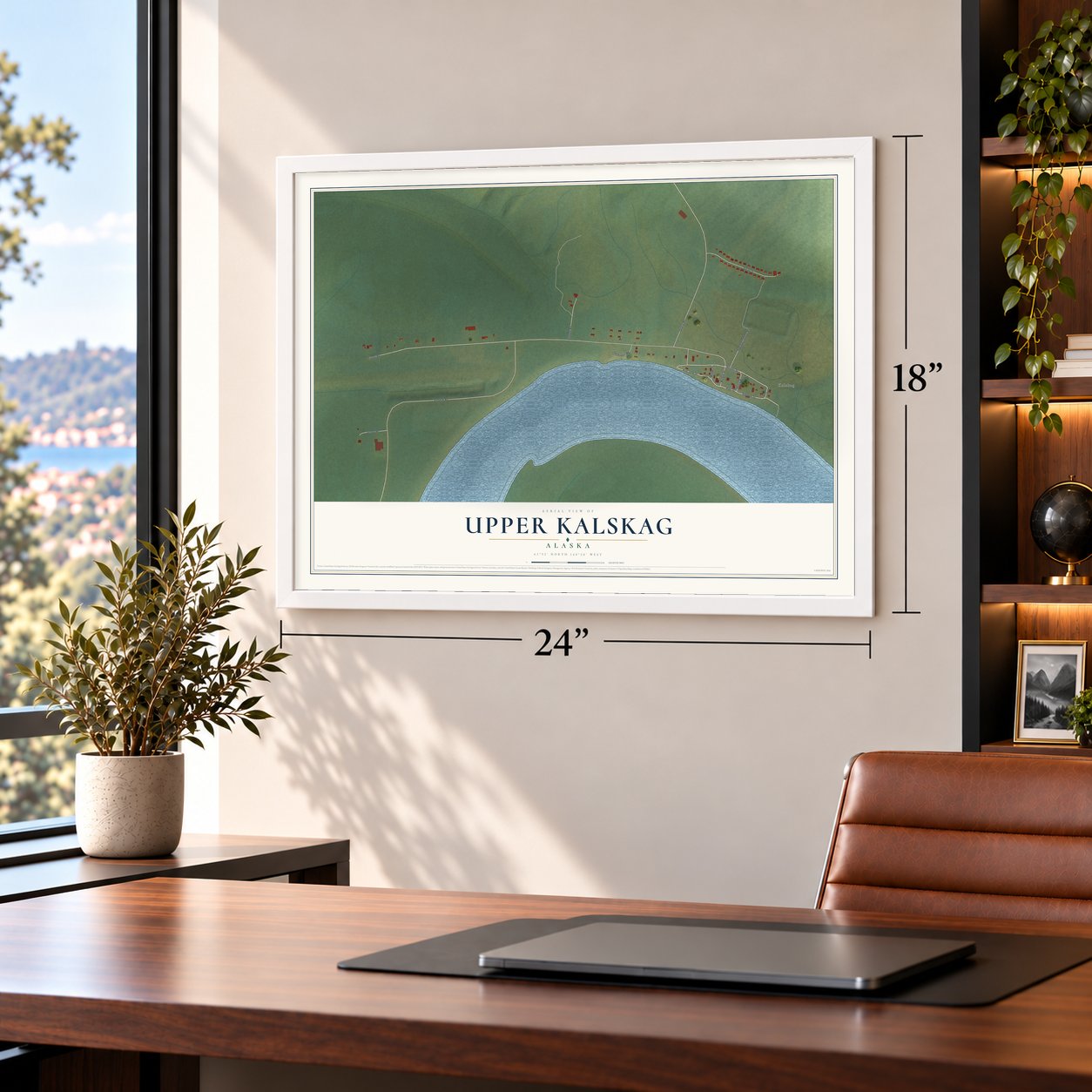 Upper Kalskag, Alaska map, 18 x 24 inch print in a white frame in a home office