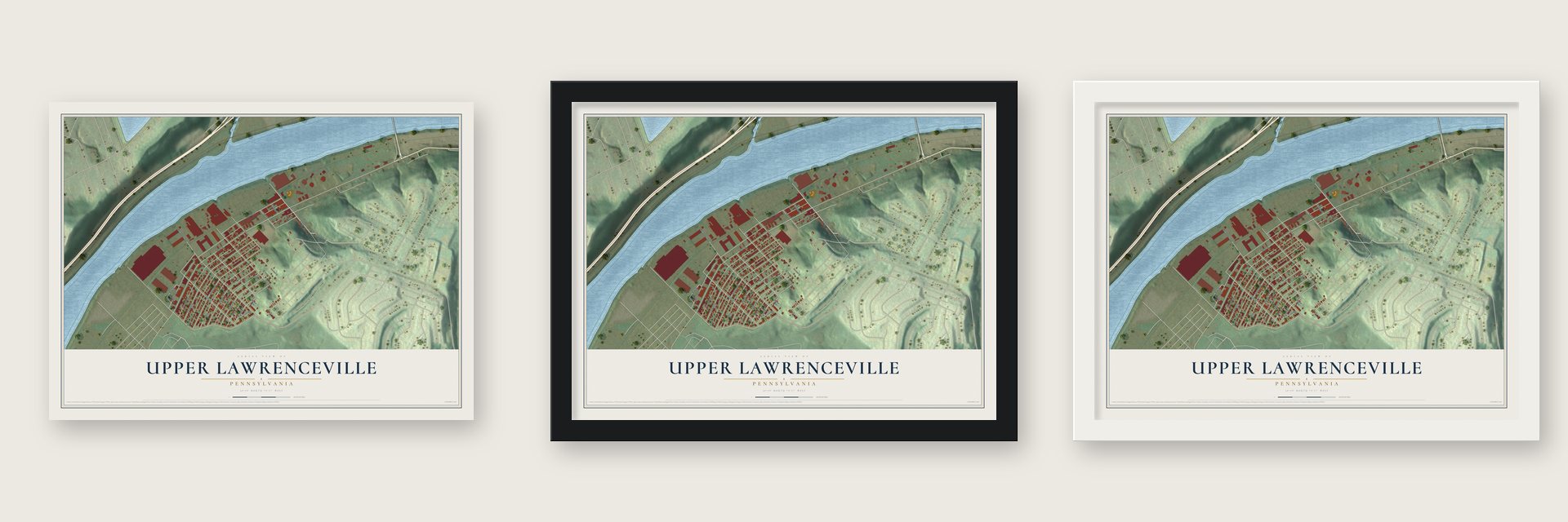Upper Lawrenceville, Pennsylvania map unframed, in a black wood frame and in a white wood frame