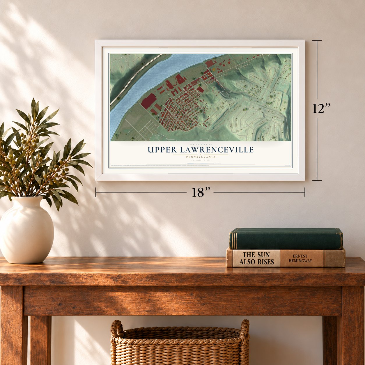 Upper Lawrenceville, Pennsylvania map, 12 x 18 inch print in a white frame in an entryway