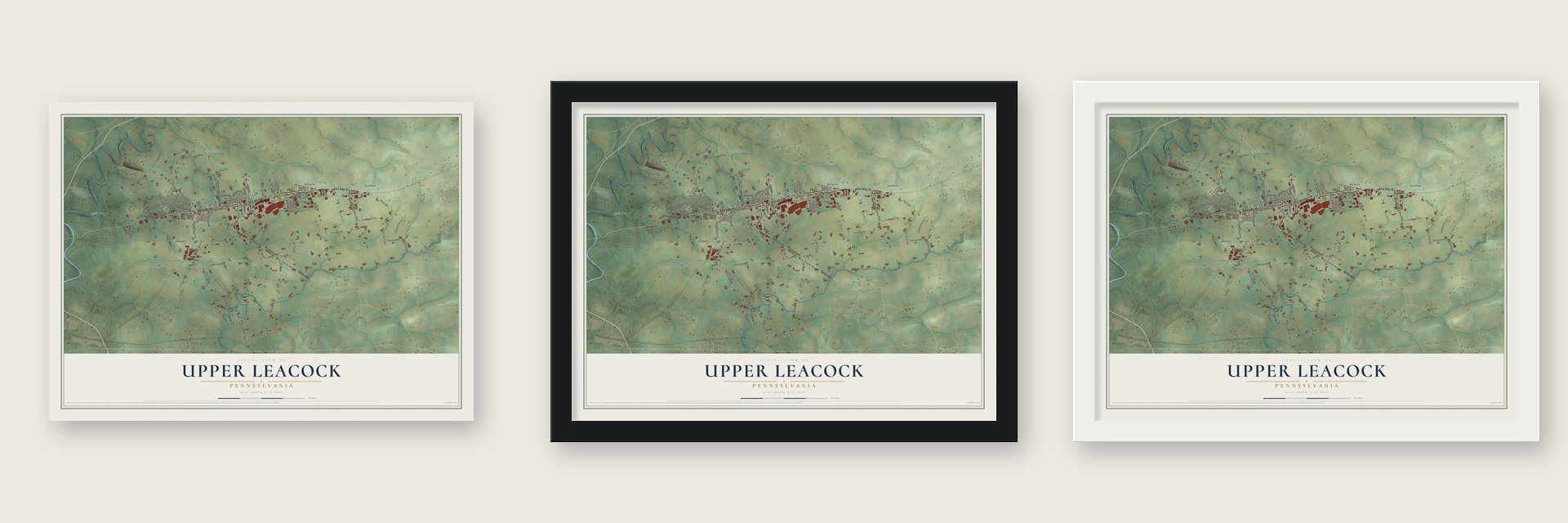 Upper Leacock, Pennsylvania map unframed, in a black wood frame and in a white wood frame