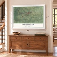 Upper Leacock, Pennsylvania map, 24 x 36 inch print in a white frame above a dresser by a staircase