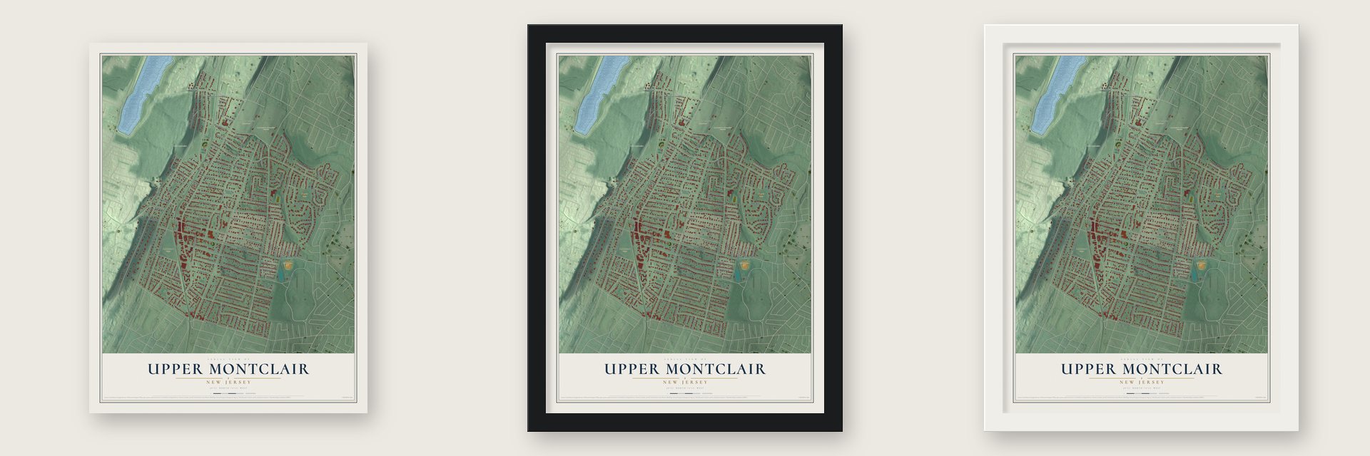 Upper Montclair, New Jersey map unframed, in a black wood frame and in a white wood frame