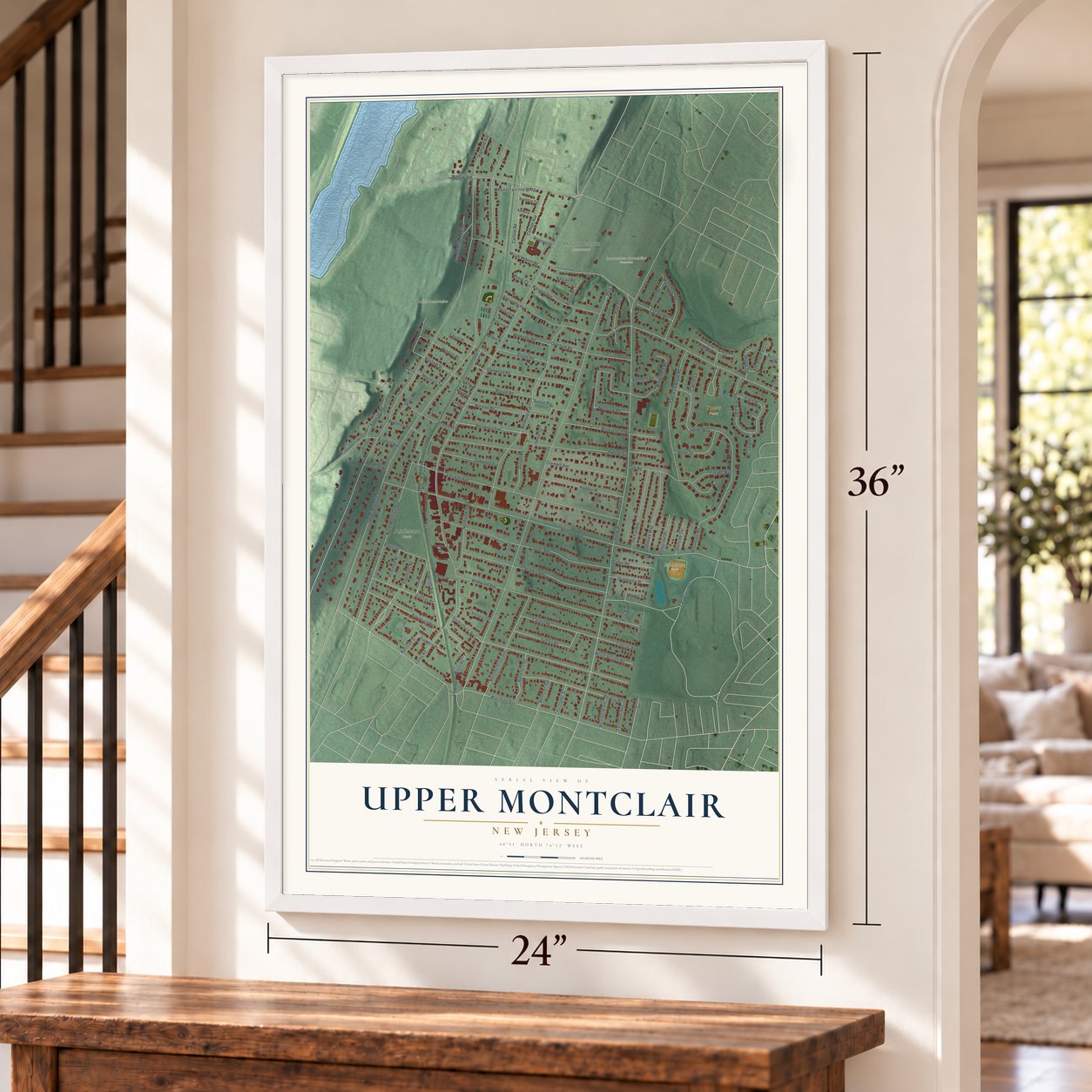 Upper Montclair, New Jersey map, 24 x 36 inch print in a white frame by a staircase