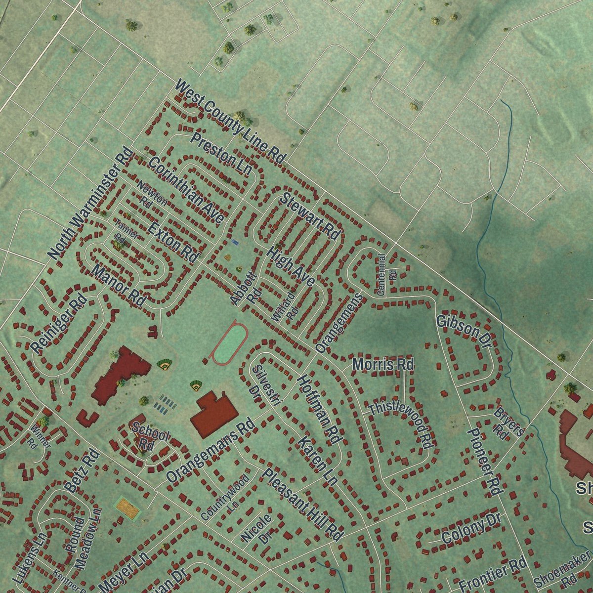 Second close-up of the map of Upper Moreland, Pennsylvania print showing more streets and buildings