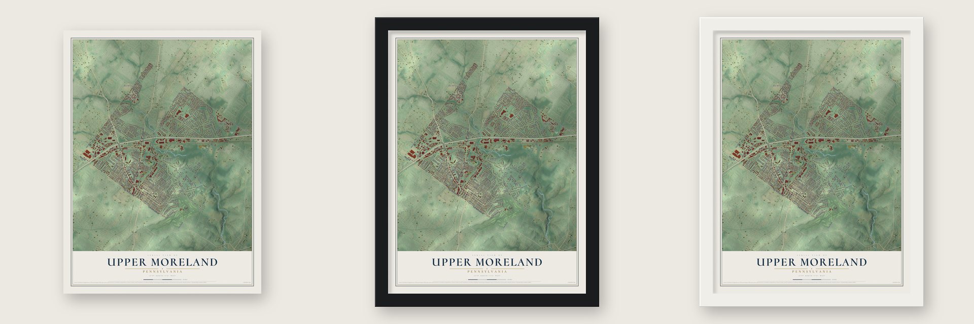 Upper Moreland, Pennsylvania map unframed, in a black wood frame and in a white wood frame