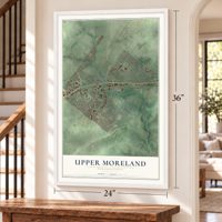 Upper Moreland, Pennsylvania map, 24 x 36 inch print in a white frame by a staircase