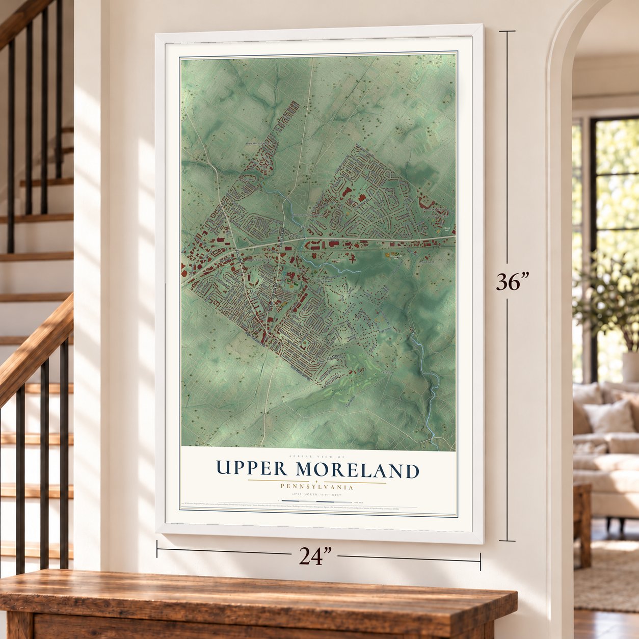 Upper Moreland, Pennsylvania map, 24 x 36 inch print in a white frame by a staircase