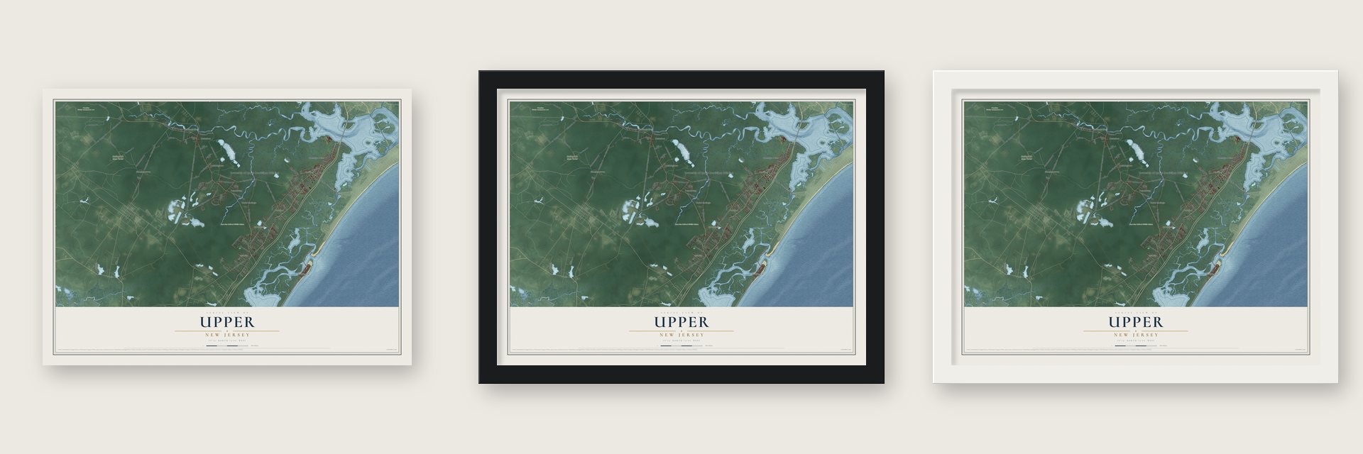 Upper, New Jersey map unframed, in a black wood frame and in a white wood frame