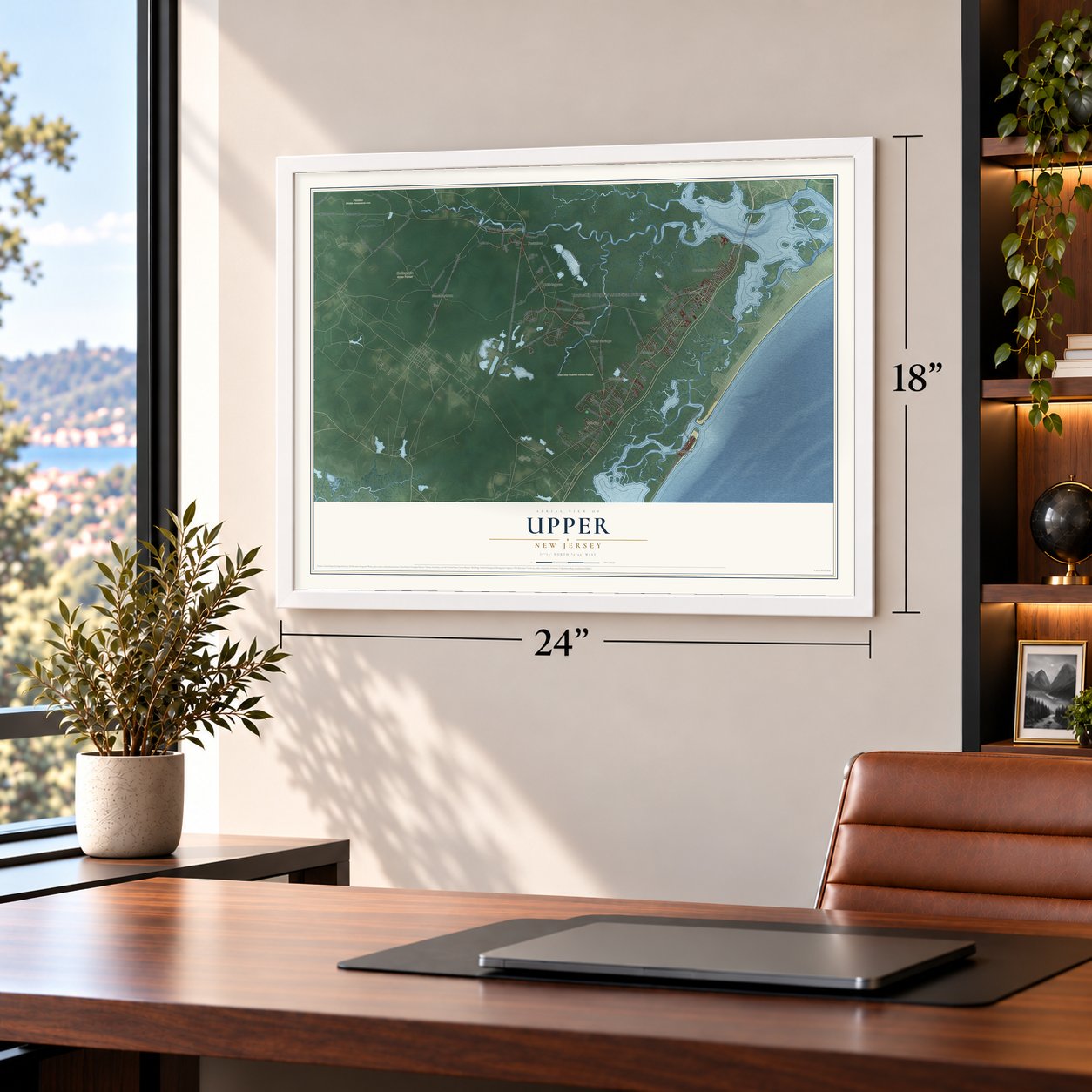 Upper, New Jersey map, 18 x 24 inch print in a white frame in a home office