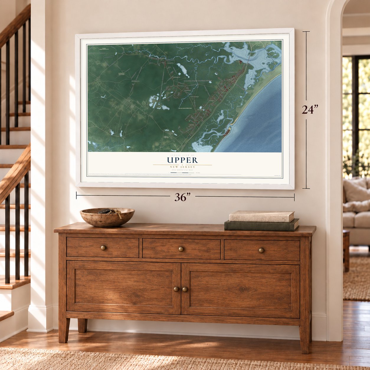 Upper, New Jersey map, 24 x 36 inch print in a white frame above a dresser by a staircase