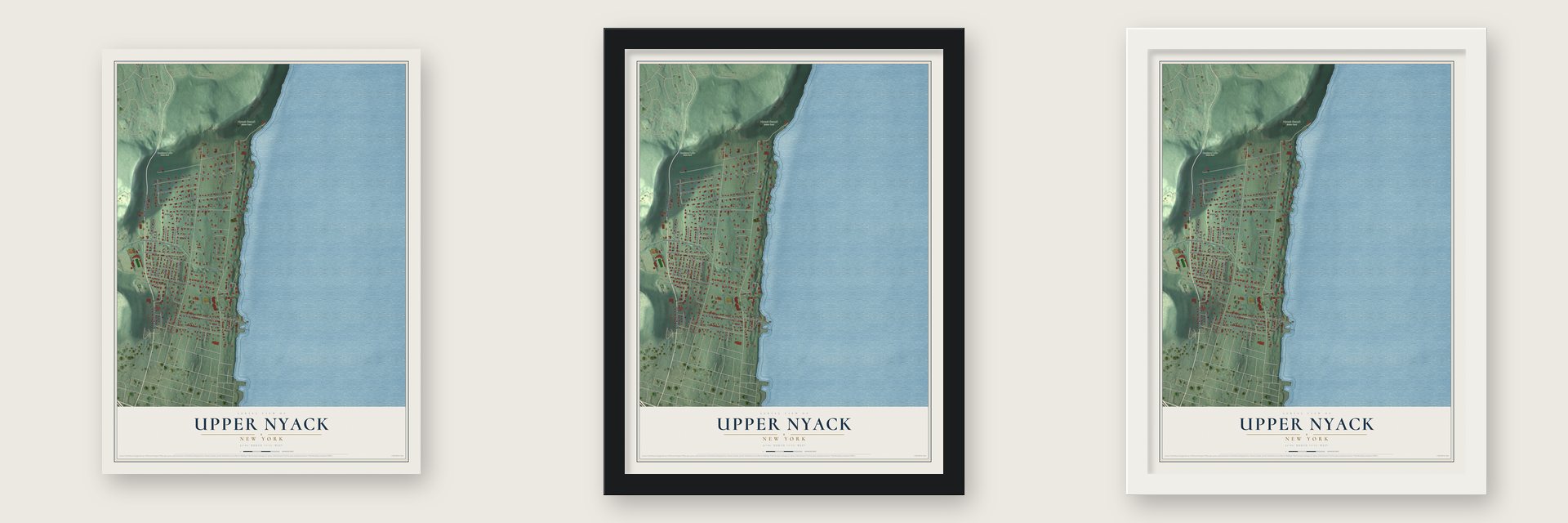 Upper Nyack, New York map unframed, in a black wood frame and in a white wood frame