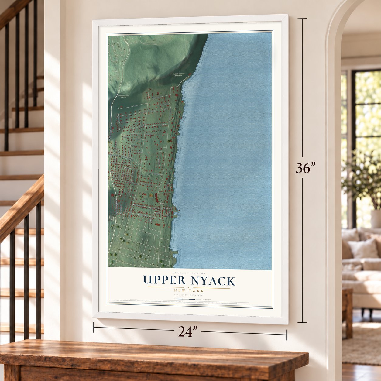 Upper Nyack, New York map, 24 x 36 inch print in a white frame by a staircase