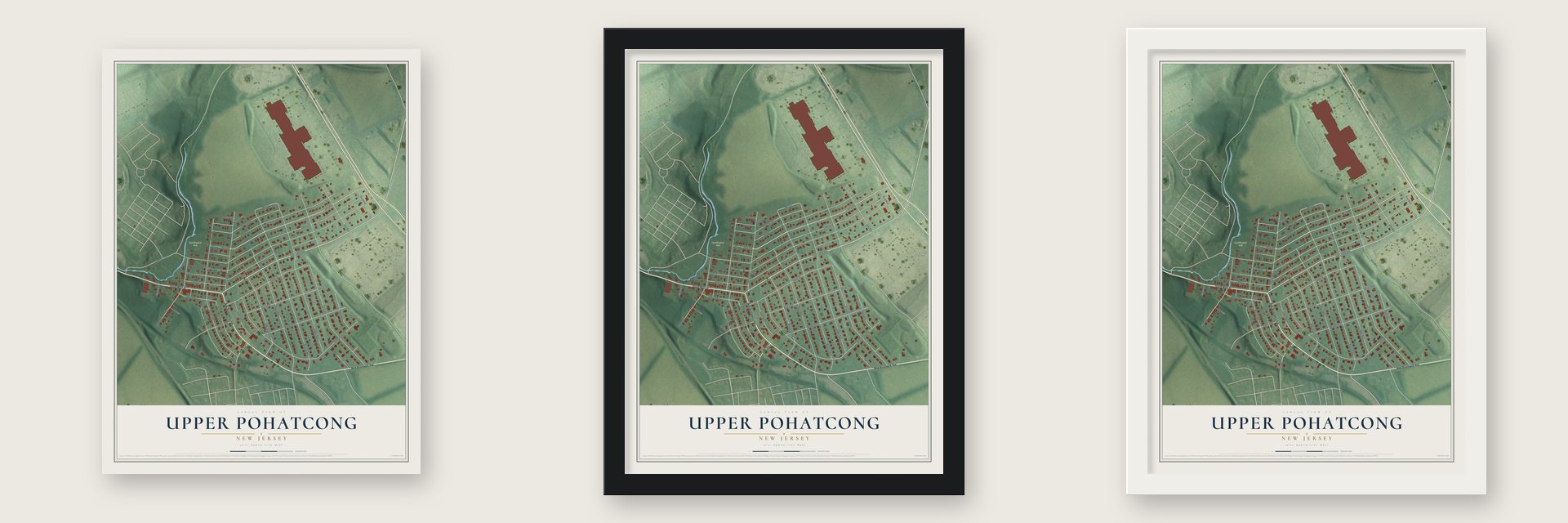 Upper Pohatcong, New Jersey map unframed, in a black wood frame and in a white wood frame