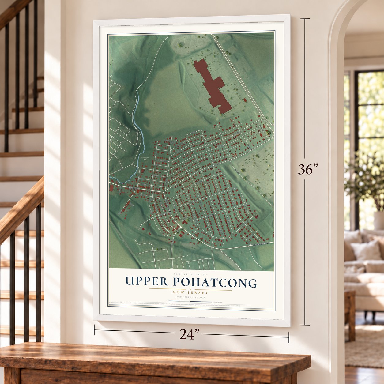 Upper Pohatcong, New Jersey map, 24 x 36 inch print in a white frame by a staircase
