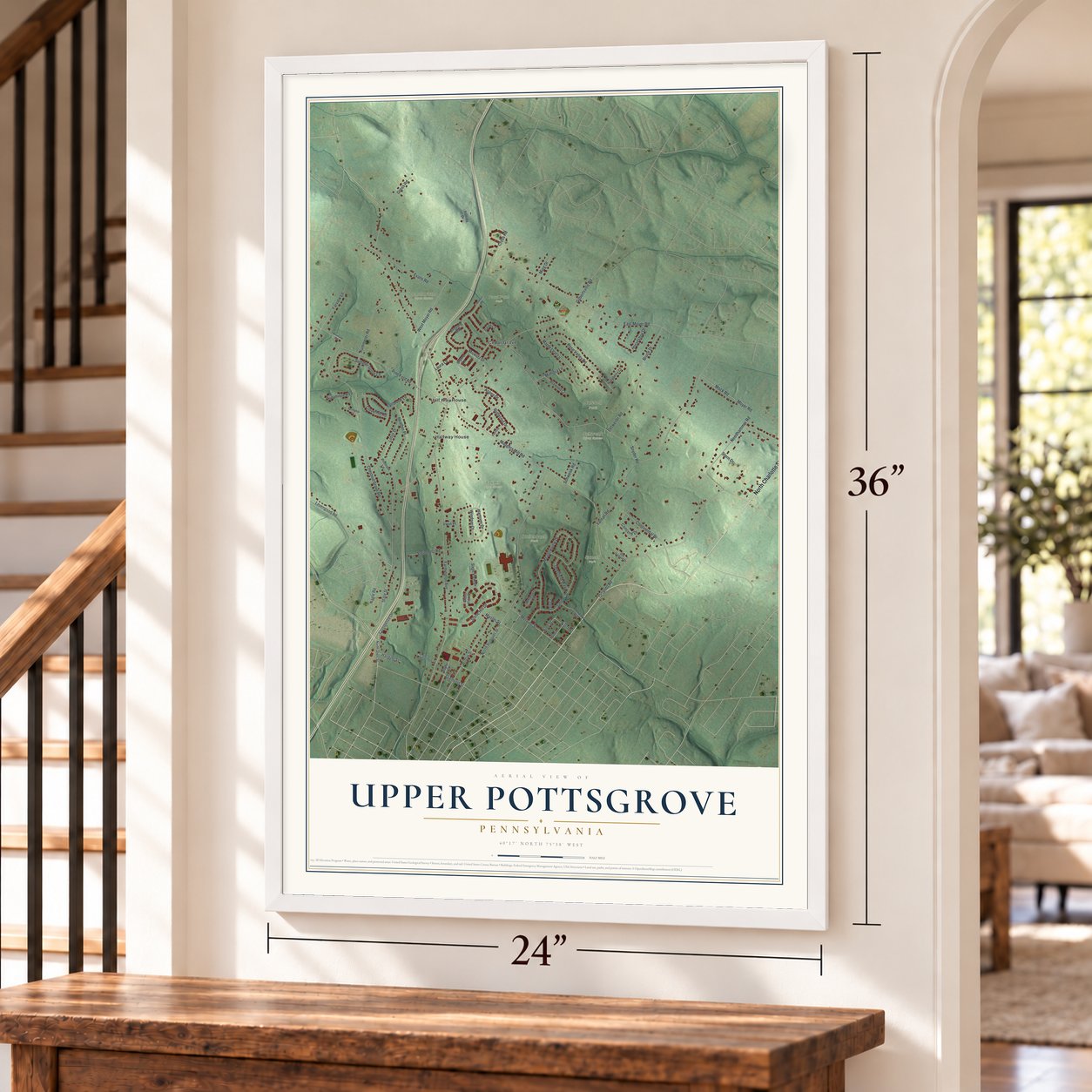 Upper Pottsgrove, Pennsylvania map, 24 x 36 inch print in a white frame by a staircase