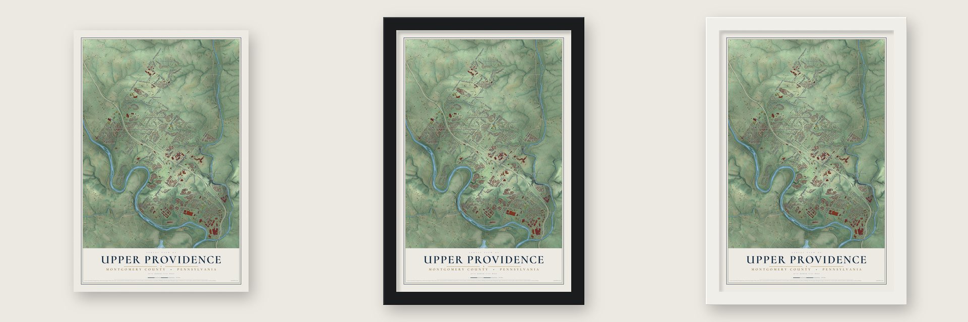 Upper Providence, Montgomery County, Pennsylvania map unframed, in a black wood frame and in a white wood frame