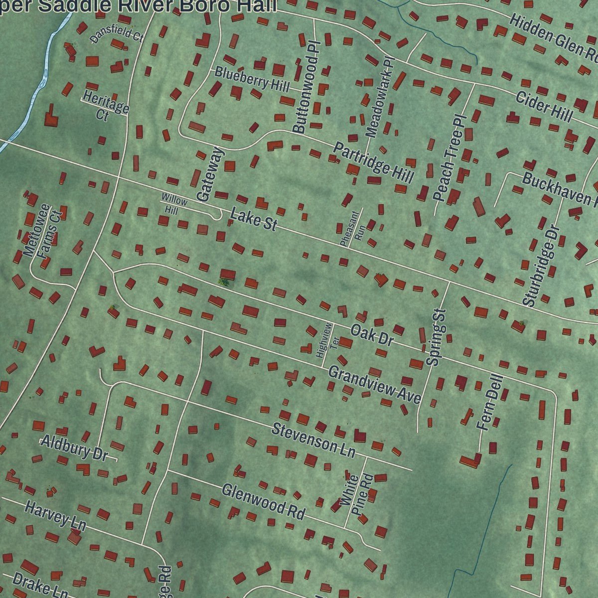 Second close-up of the map of Upper Saddle River, New Jersey print showing more streets and buildings