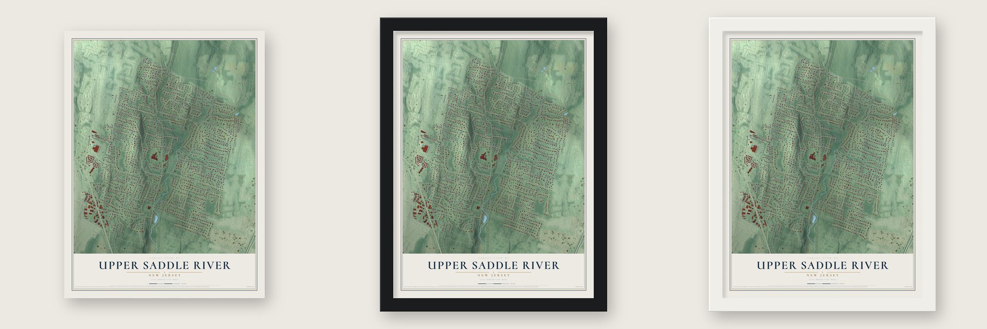 Upper Saddle River, New Jersey map unframed, in a black wood frame and in a white wood frame