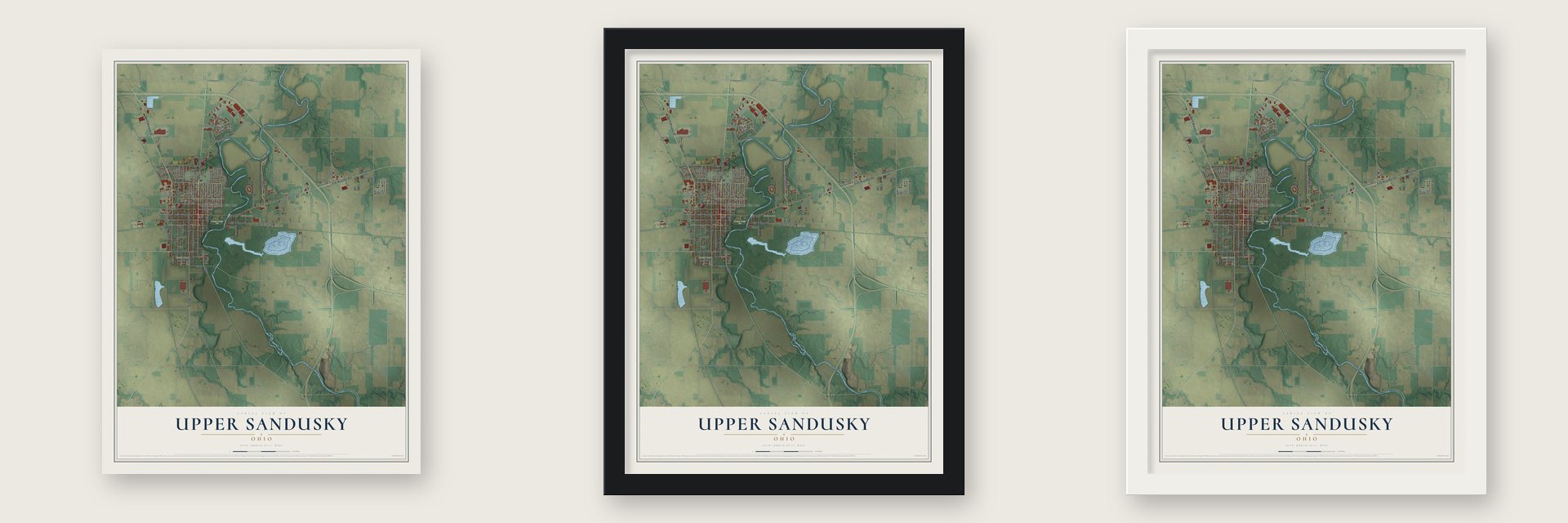 Upper Sandusky, Ohio map unframed, in a black wood frame and in a white wood frame
