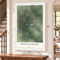 Upper Sandusky, Ohio map, 24 x 36 inch print in a white frame by a staircase