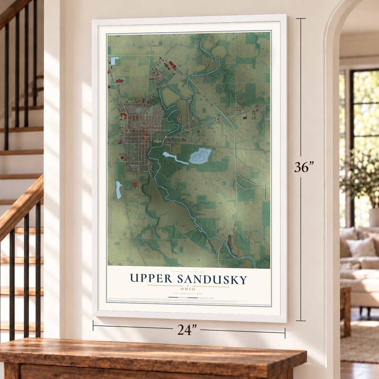 Upper Sandusky, Ohio map, 24 x 36 inch print in a white frame by a staircase