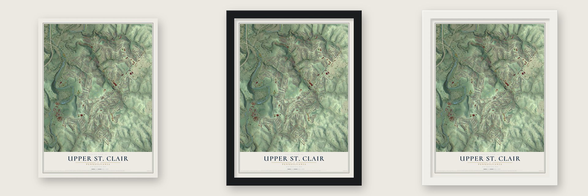 Upper St. Clair, Pennsylvania map unframed, in a black wood frame and in a white wood frame