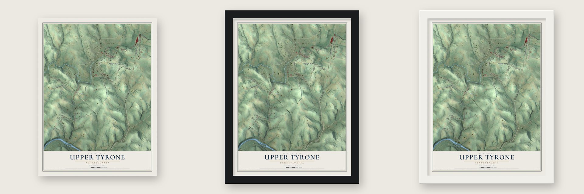 Upper Tyrone, Pennsylvania map unframed, in a black wood frame and in a white wood frame