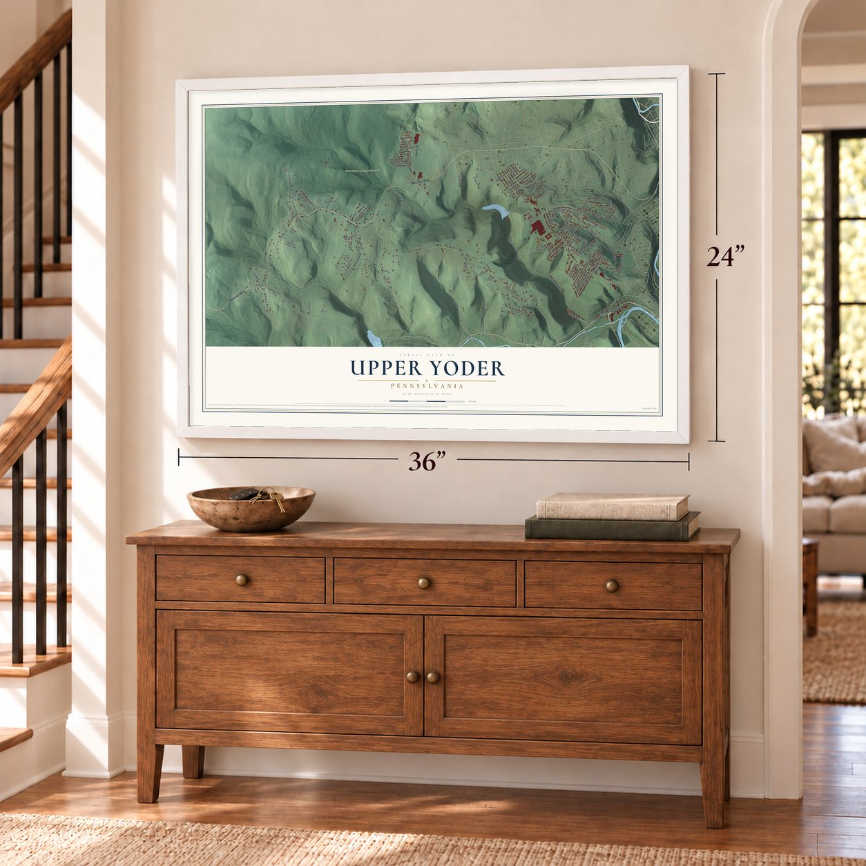 Upper Yoder, Pennsylvania map, 24 x 36 inch print in a white frame above a dresser by a staircase