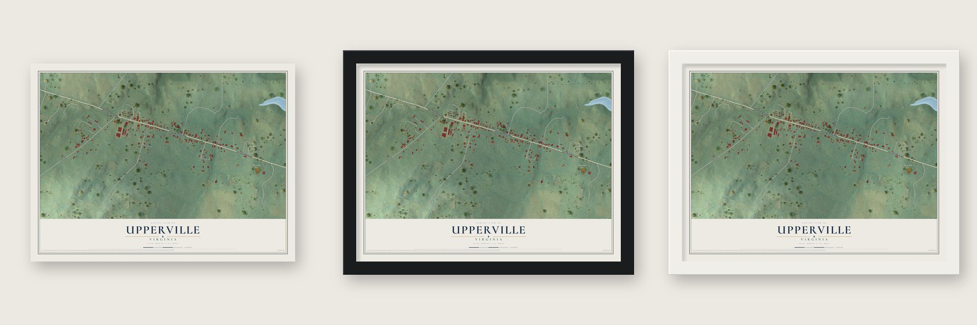 Upperville, Virginia map unframed, in a black wood frame and in a white wood frame