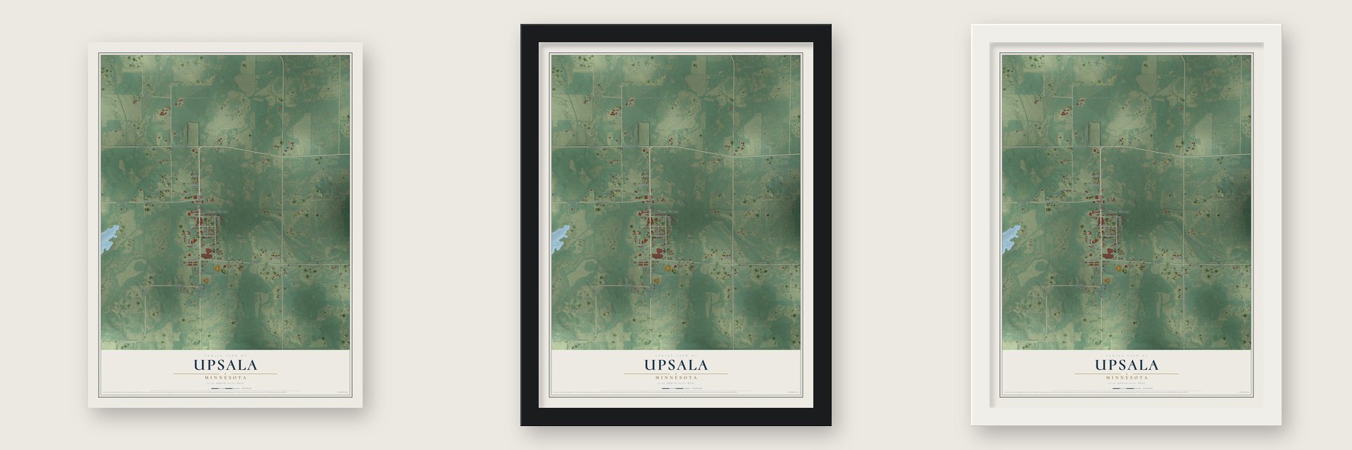 Upsala, Minnesota map unframed, in a black wood frame and in a white wood frame