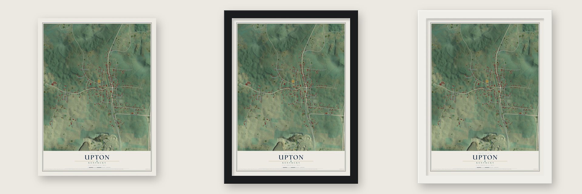 Upton, Kentucky map unframed, in a black wood frame and in a white wood frame