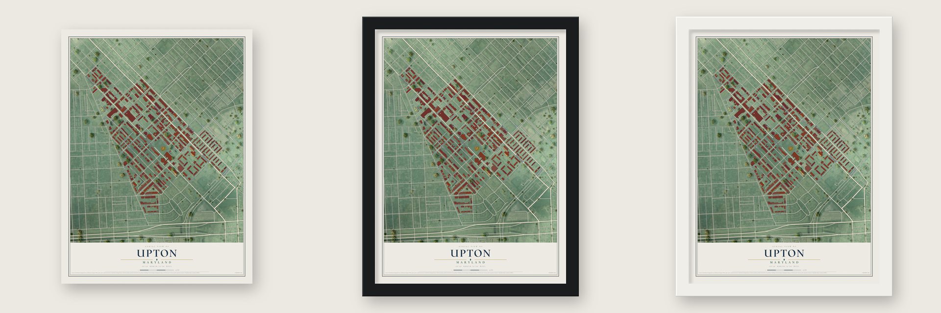 Upton, Maryland map unframed, in a black wood frame and in a white wood frame